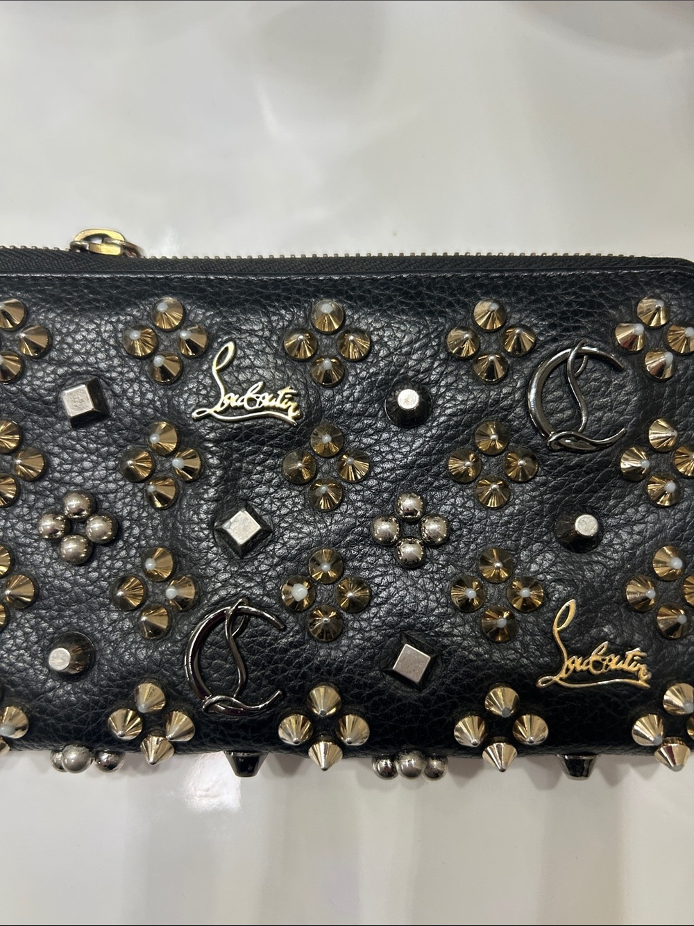 Christian Louboutin Black Leather Zip Around Wallet with Gold Studs Gorgeous - Picture 11 of 11